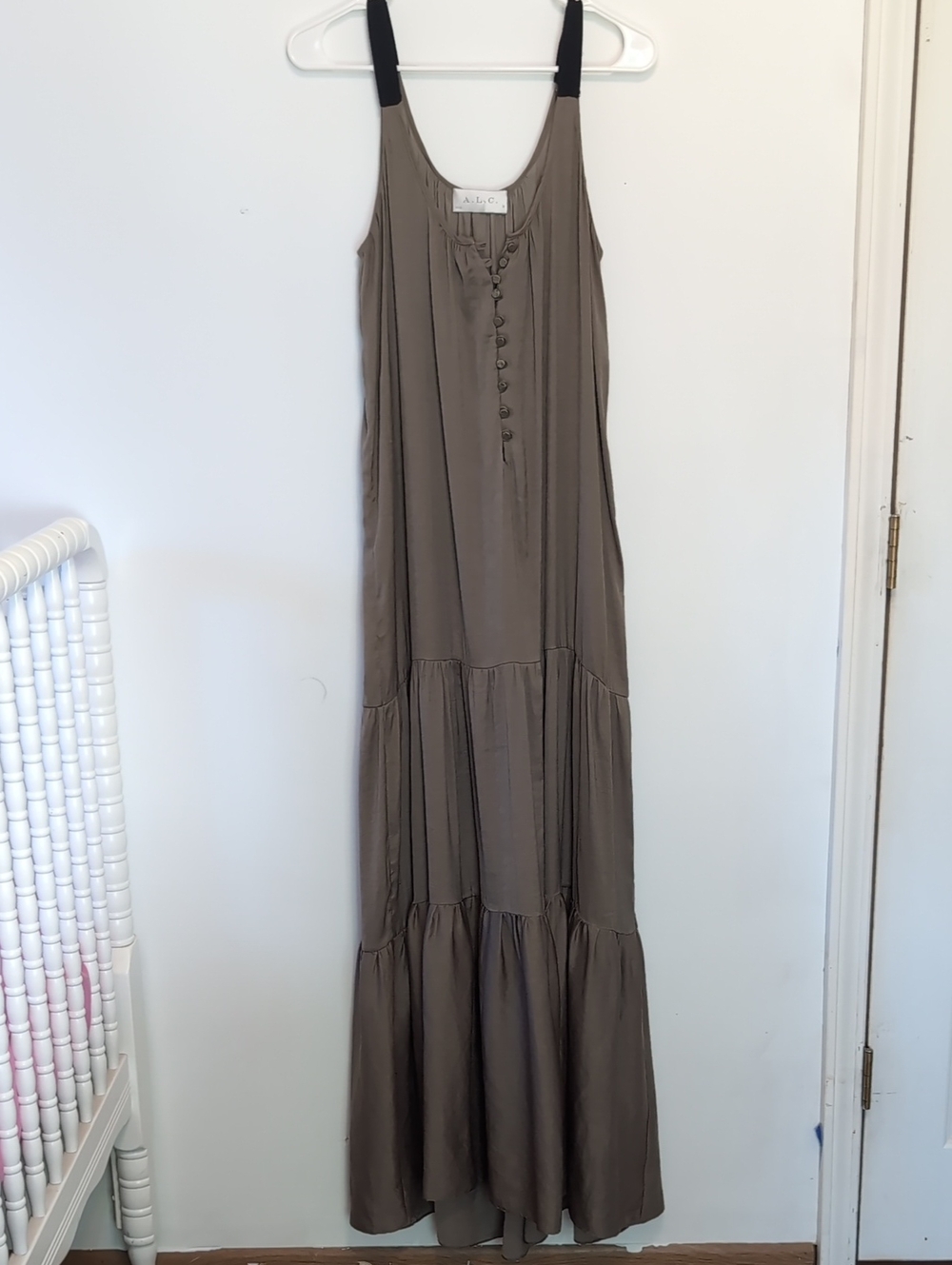 A.L.C. Olive Green Tiered Maxi Dress Button Front Size Small